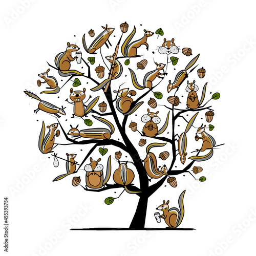 Funny Chimpank family with nuts on Tree. Ground Squirrel. Art Concept for your design