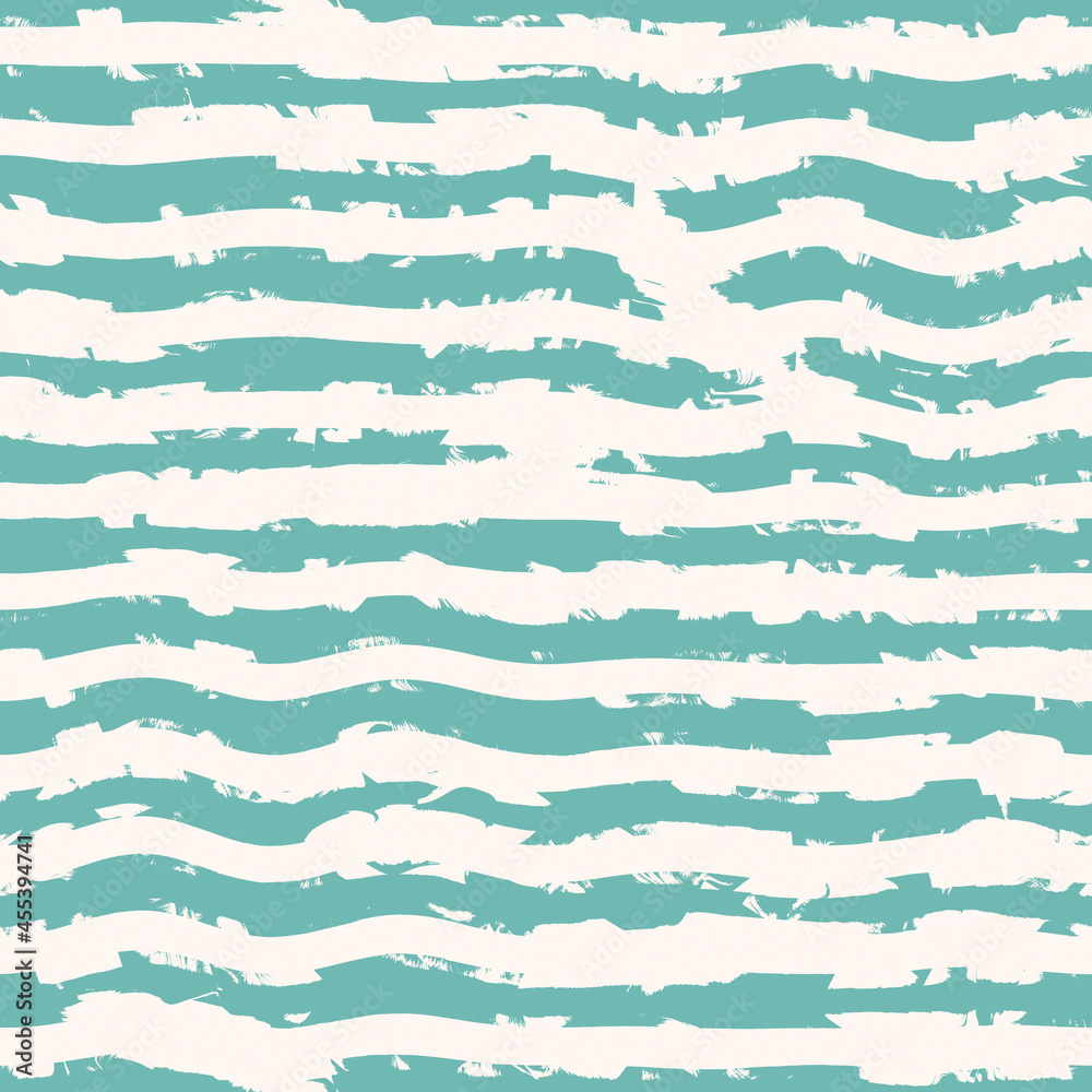 Aegean teal broken stripe seamless background with grunge wave texture. Summer coastal living style rustic grunge home decor fabric . Turquoise dyed washed and weathered textile repeat pattern.