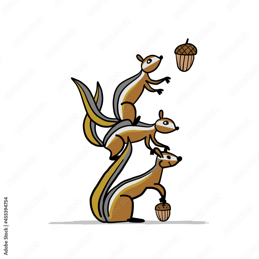 Funny Chimpank family with nuts. Ground Squirrel. Sketch for your design