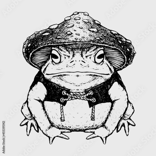 Vintage vector illustration of a toad and mushroom witch Tattoo style Witchcraft gothic Halloween occult voodoo vector illustration Magic frog toad Black and white drawing of mystical animal sketch