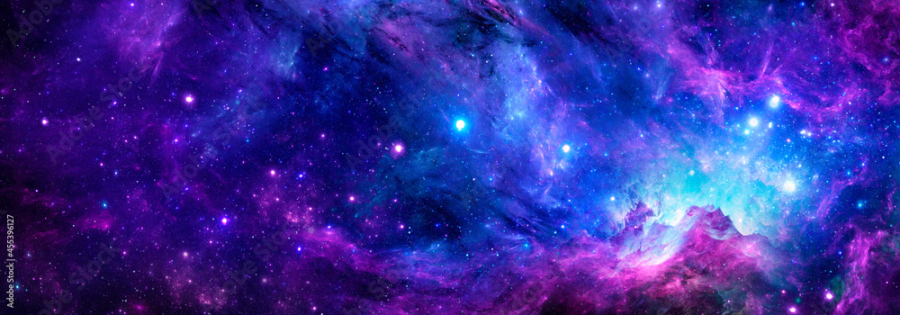 Cosmic background with a blue purple nebula and stars - obrazy, fototapety, plakaty 
