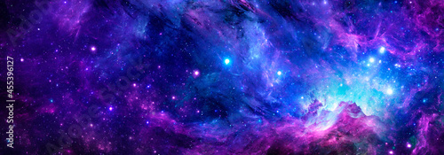 Leinwand Poster Cosmic background with a blue purple nebula and stars