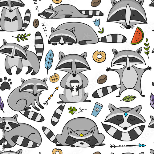 Racoons Family. Funny Characters. Seamless pattern for your design