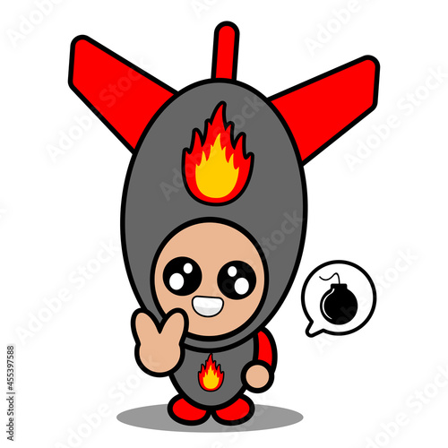vector cartoon doodle cute character nuclear bomb mascot costume with bubble chat bomb with peace hand