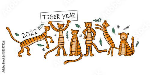 Funny Tigers Family, animal characters. Symbol of 2022 New Year. Design Templ...