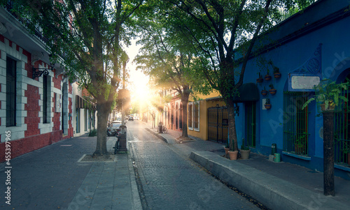 Mexico, Mazatlan, Colorful old city streets in historic city center near El Malecon and ocean shore.