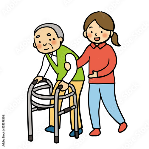 高齢者の歩行補助をする女性のイラスト