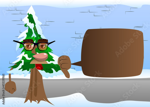 Cartoon winter pine trees with faces showing dislike hand sign. Cute forest trees. Snow on pine cartoon character, funny holiday vector illustration.