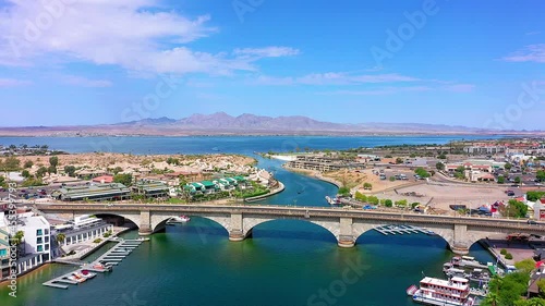 Aerial view flying towards the London Bridge in Lake Havasu City, AZ photo