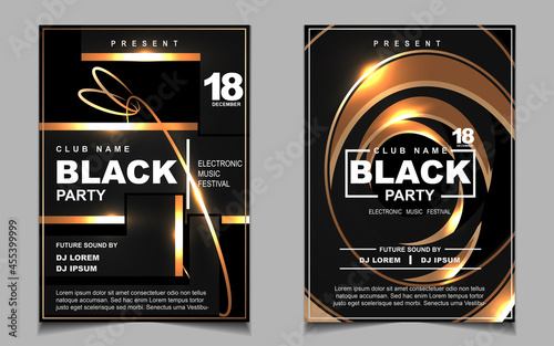 Cover music poster flyer design template background with layout gold glitters color on dark style. Light electro vector for event festival concert, dancing, disco, night club invitation