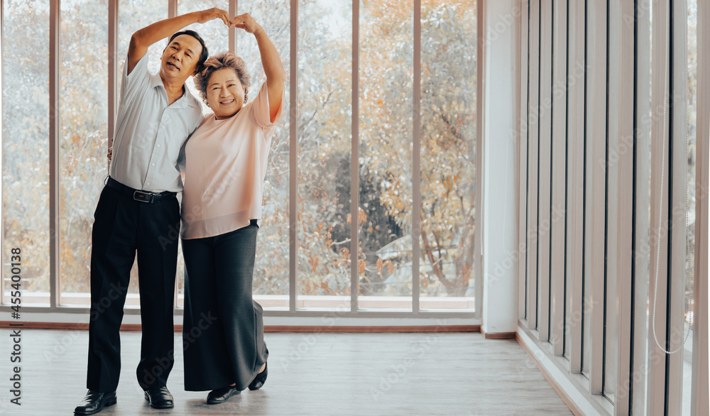 Romantic senior married couple enjoy dancing at leisure time. Cheerful retired grandparents dance at home with happy smiling wellbeing retirement. Elderly family healthy relationship living together