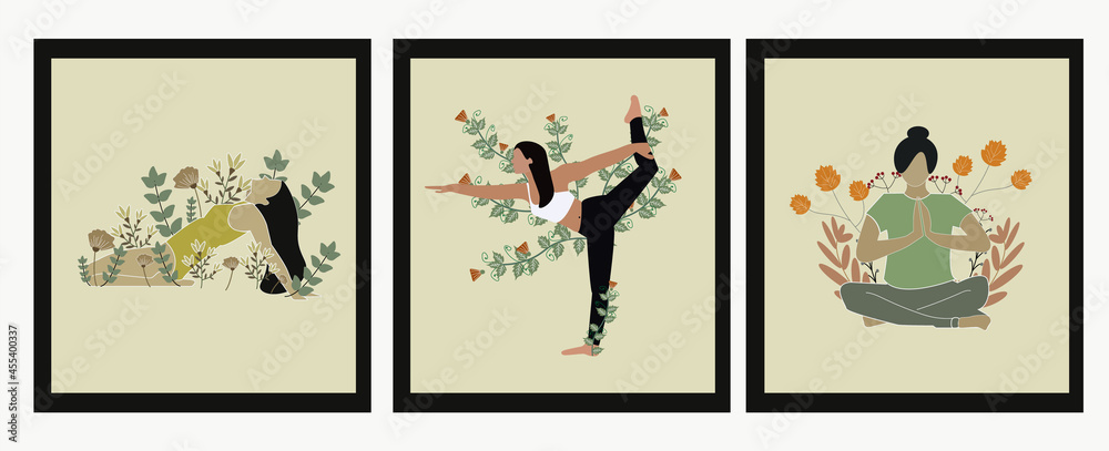 Cute yoga poses with flowers vector ilustration,wall arts vector collection.Pattern design for wall framed prints, canvas prints, poster, home decor.