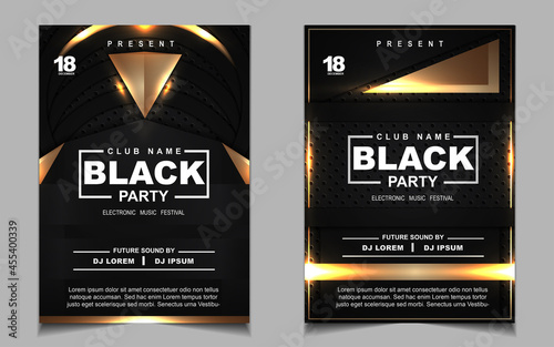 Cover music poster flyer design template background with layout gold glitters color on dark style. Light electro vector for event festival concert, dancing, disco, night club invitation