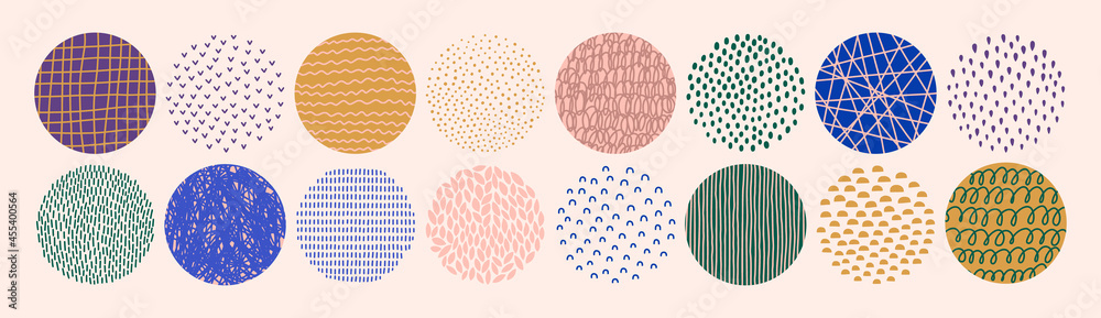 Set of Abstract Circle Textures in a Contemporary Style of Dots, Drops, Strokes, Arcs, Ticks . Vector Geometric Elements - obrazy, fototapety, plakaty 