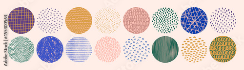 Set of Abstract Circle Textures in a Contemporary Style of Dots, Drops, Strokes, Arcs, Ticks . Vector Geometric Elements
