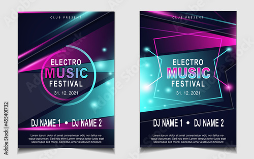Cover music poster flyer design template background with colorful dark blue glitters style. Light electro vector for event festival concert, dancing, disco, night club invitation