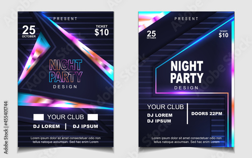 Cover music poster flyer design template background with colorful dark blue glitters style. Light electro vector for event festival concert, dancing, disco, night club invitation