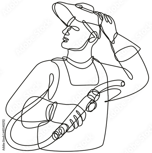 Continuous line drawing illustration of a welder with visor holding welding torch done in mono line or doodle style in black and white on isolated background. 