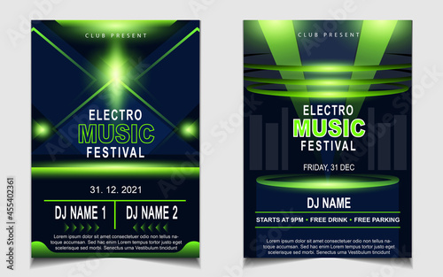Cover music poster flyer design template background with layout green color on dark blue glitters style. Light electro vector for event festival concert, dancing, disco, night club invitation