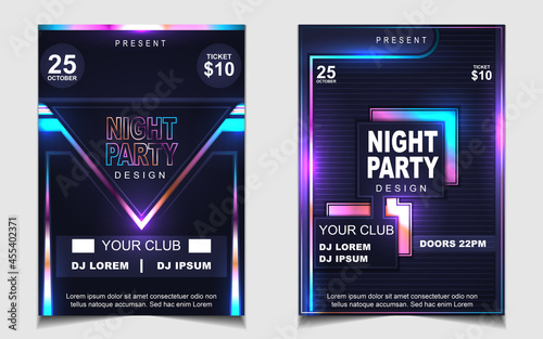 Cover music poster flyer design template background with colorful dark blue glitters style. Light electro vector for event festival concert, dancing, disco, night club invitation