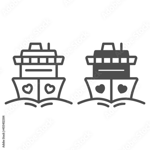 Cruise ship with hearts line and solid icon, love and relationship concept, honeymoon trip vector sign on white background, outline style icon for mobile concept and web design. Vector graphics.