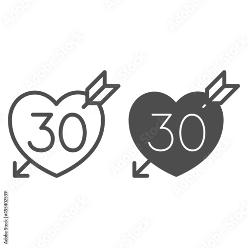 Number 30 in heart pierced by arrow line and solid icon, love and relationship concept, thirty vector sign on white background, outline style icon for mobile concept and web design. Vector graphics.