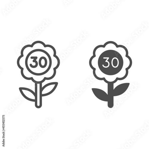 Flower with number 30 line and solid icon, love and relationship concept, flower with thirty vector sign on white background, outline style icon for mobile concept and web design. Vector graphics.