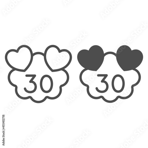 Hearts on cloud with number 30 line and solid icon, love and relationship concept, thirty years vector sign on white background, outline style icon for mobile concept and web design. Vector graphics.