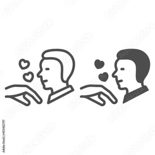 Man kiss hand with hearts line and solid icon, dating and relationship concept, love gesture vector sign on white background, outline style icon for mobile concept and web design. Vector graphics.
