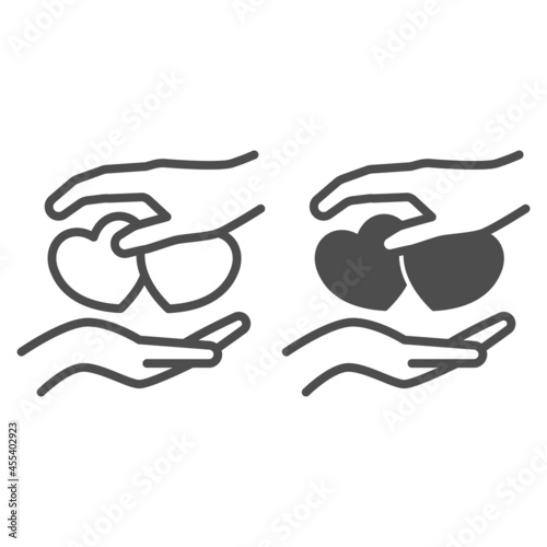 Hands holding two hearts line and solid icon, dating and relationship concept, love gesture vector sign on white background, outline style icon for mobile concept and web design. Vector graphics.