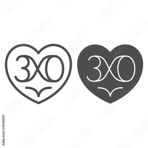 heart with nuber 30 as infinity line and solid icon, love and relationship concept, thirty vector sign on white background, outline style icon for mobile concept and web design. Vector graphics.