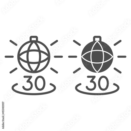 Disko ball shining and number 30 line and solid icon, anniversary concept, party over thirty vector sign on white background, outline style icon for mobile concept and web design. Vector graphics.
