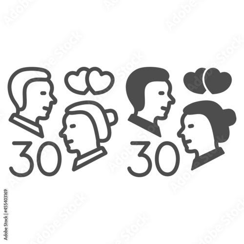 Man and woman 30 and hearts line and solid icon, dating and relationship concept, couple vector sign on white background, outline style icon for mobile concept and web design. Vector graphics.