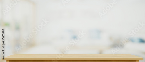 Foreground for product display on wooden tabletop with over blurred background, 3d rendering