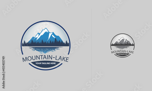 Mountain, lake logo outdoor emblem circle - adventure wildlife pine tree forest design template.