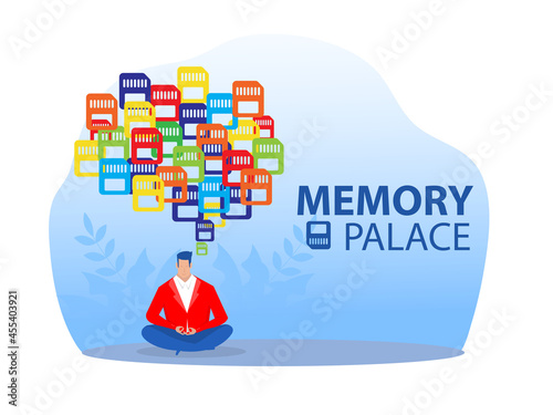 businessman character meditation with colorful Memory Palace , concept vector illustrator