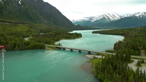 Beautiful aerial footage of blue water of Kenai River in Cooper's Landing, Alaska photo