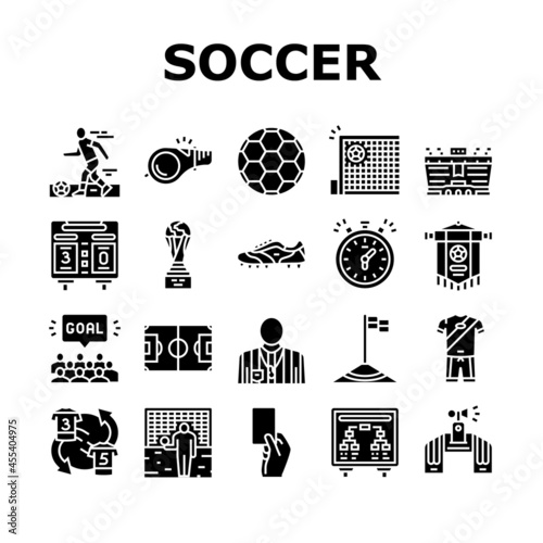 Soccer Team Sport Game On Stadium Icons Set Vector. Soccer Match Competition On Field And Sportive Strategy, Ball And Fan Attributes, Player And Arbitrator Glyph Pictograms Black Illustrations