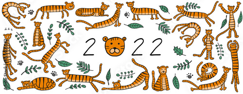 Funny Tigers Family, animal characters. Symbol of 2022 New Year. Design Templ...