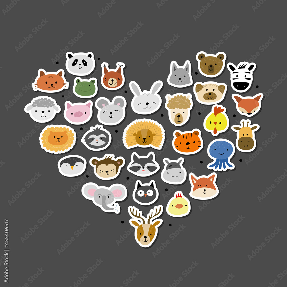 Fototapeta premium Animal Stickers Collection. Childish Style. Heart Shape for your design