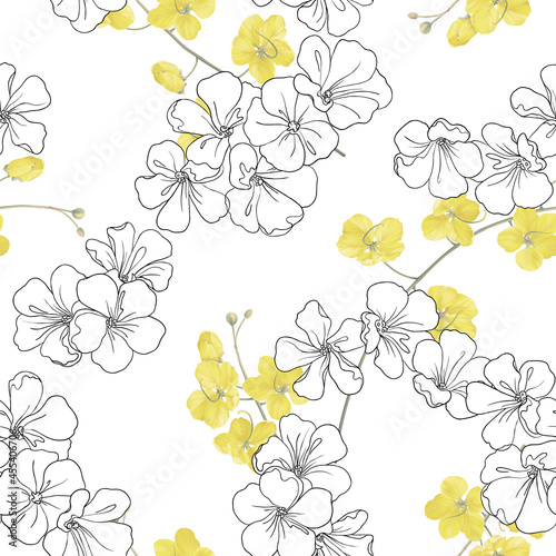 Floral seamless pattern, golden shower flowers and line art flowers on white