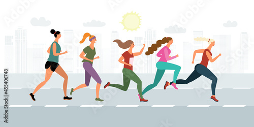 A group of athletic girls running in the city
