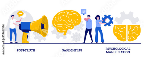 Post-truth, gaslighting, psychological manipulation concept with tiny people. Social engineering abstract vector illustration set. Emotional blackmailing, mental abuse, missing out metaphor