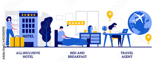 All-inclusive hotel, bed and breakfast, travel agent concept with tiny people. Luxury hospitality resort abstract vector illustration set. Vacation package, all included service metaphor