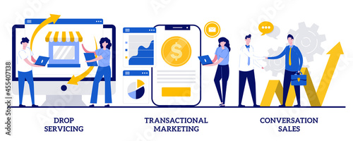 Drop servicing, transactional marketing, conversation sales concept with tiny people. Sales abstract vector illustration set. Customer relationship, purchase decision, conversion metaphor