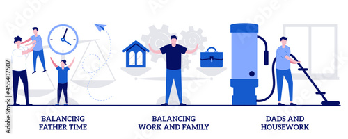 Balancing father time, work and family, dads housework concept with tiny people. Father career and family balance vector illustration set. Parenting, multitasking, paternity leave metaphor