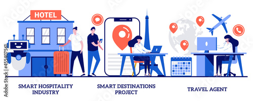 Smart hospitality industry, smart destinations project, travel agent service concept with tiny people. Abroad trip planning abstract vector illustration set. Booking hotel and tickets online metaphor