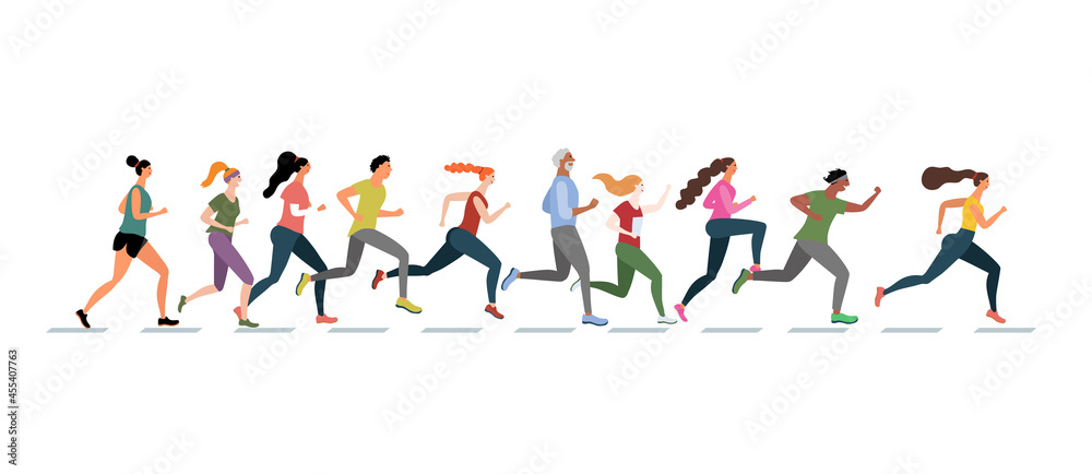 A group of athletes running. Isolated on white