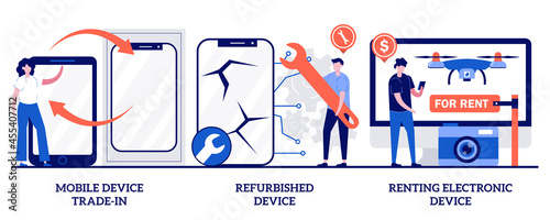 Mobile device trade-in, refurbished device, renting electronic device concept with tiny people. Portable gadget maintenance, repair service, old smartphone exchange abstract vector illustration set