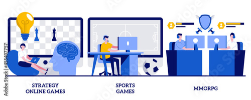 Strategy online games, sports games, MMORPG concept with tiny people. Internet and video gamers streaming vector illustration set. Cybersport tournament, modern entertainment and pastime metaphor